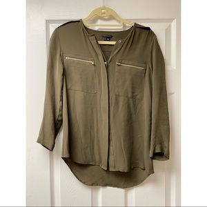 Theory Green Silk Blouse with Gold Zipper Pockets